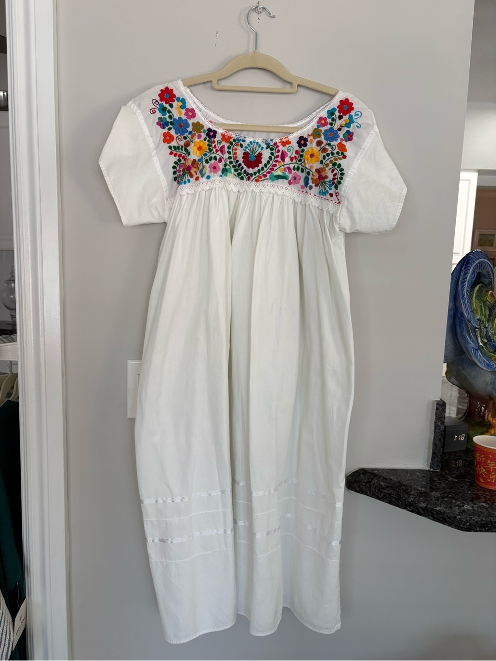 Vintage White Embroidered Mexican Peasant Dress with Colorful Floral Yoke